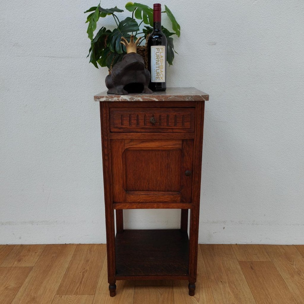 Vintage Antiek nachtkastje bijzetkastje met marmer blad 302, Valkenswaard, Gebruikt, Minder dan 45 cm, Info@flashbackfurniture.nl