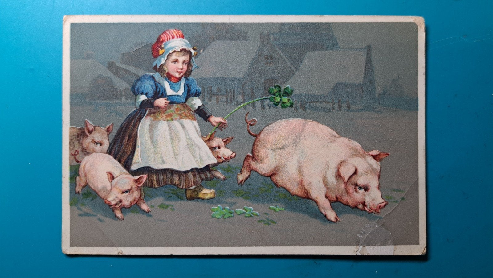 meisje hoedt varkens met klavertje 4, 1911 , Polanen, Ophalen of Verzenden, Voor 1920, Gelopen