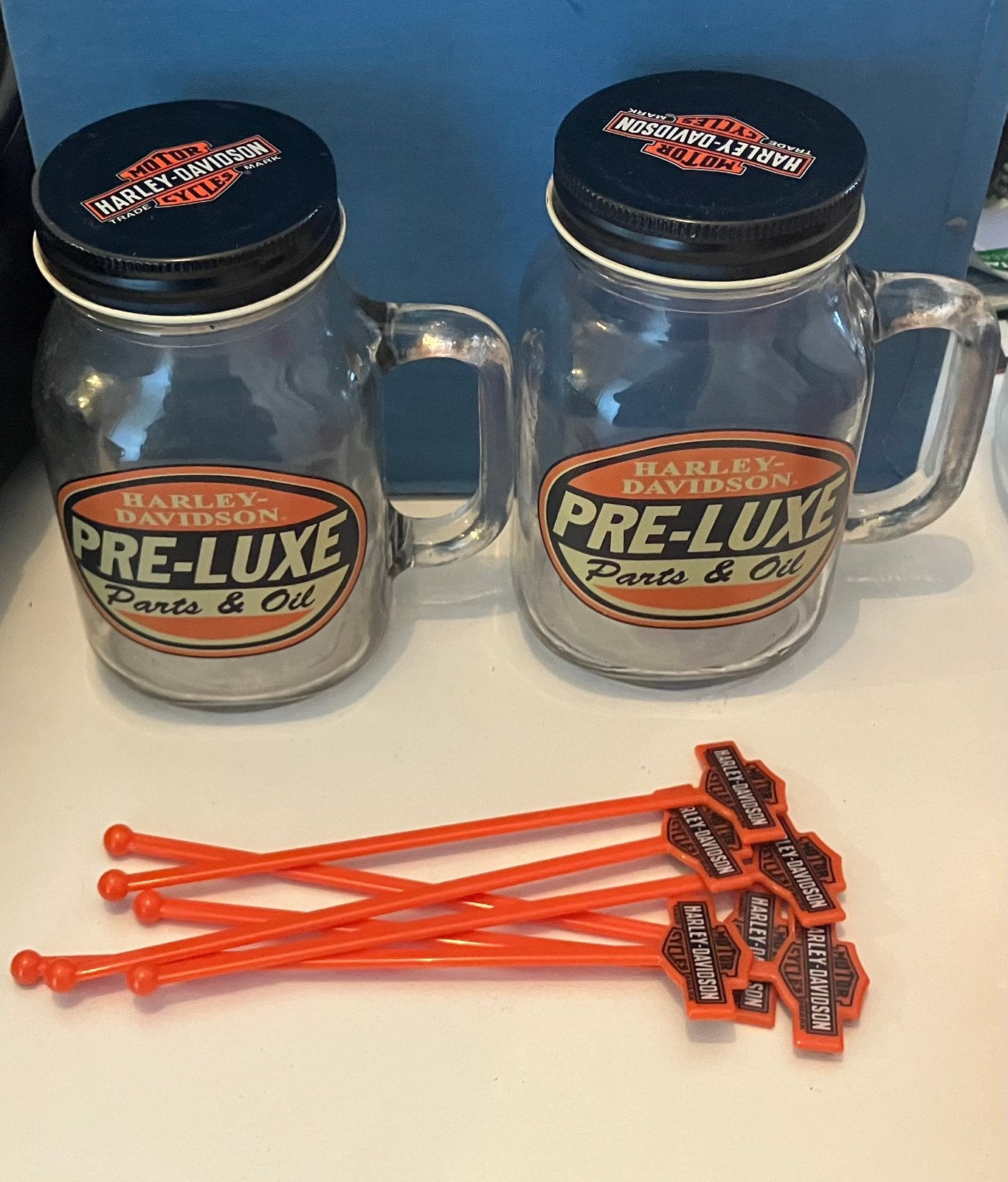 Harley Davidson coctail glazen bekers & 6 oranje roerstokken, Ophalen of Verzenden, Zo goed als nieuw, Overige typen