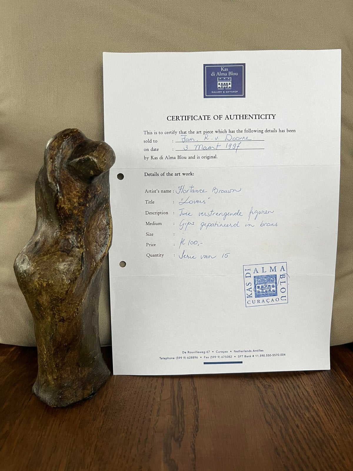 CURAÇAO Beeldje “Lovers” door Hortence Brouwn + Certificaat, Ophalen of Verzenden, Beeld
