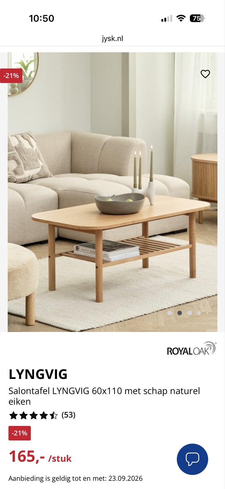 Salontafel Lyngvig van Jysk - Nat. Eiken - 60x110 met schap, Huis en Inrichting, Ophalen, 100 tot 150 cm, Eikenhout, 50 tot 100 cm