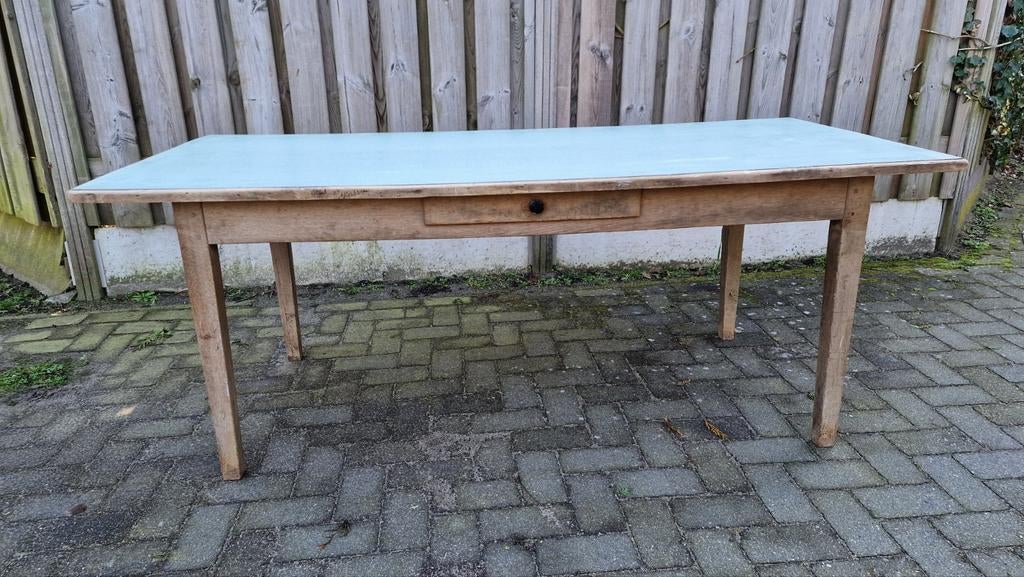 Vintage brocante eikenhouten tafel met formica blad, Ophalen, Gebruikt