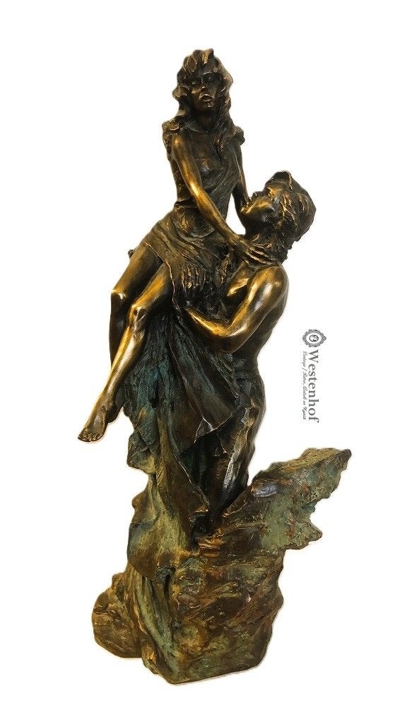 Bronzen beeld romantische man vrouw art deco - gemerkt PAOR, Ophalen, Overige onderwerpen, Art deco, 50 - 100 cm