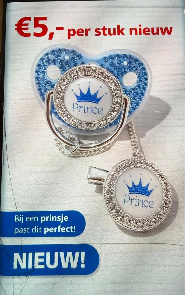 Nieuwe 'Prince' Fopspeen met Strass en Speenclip, Ophalen of Verzenden, Nieuw