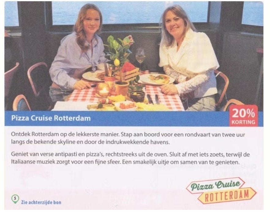 Pizza Cruise Rotterdam 20% korting, Drie personen of meer, Kortingsbon, Overige typen