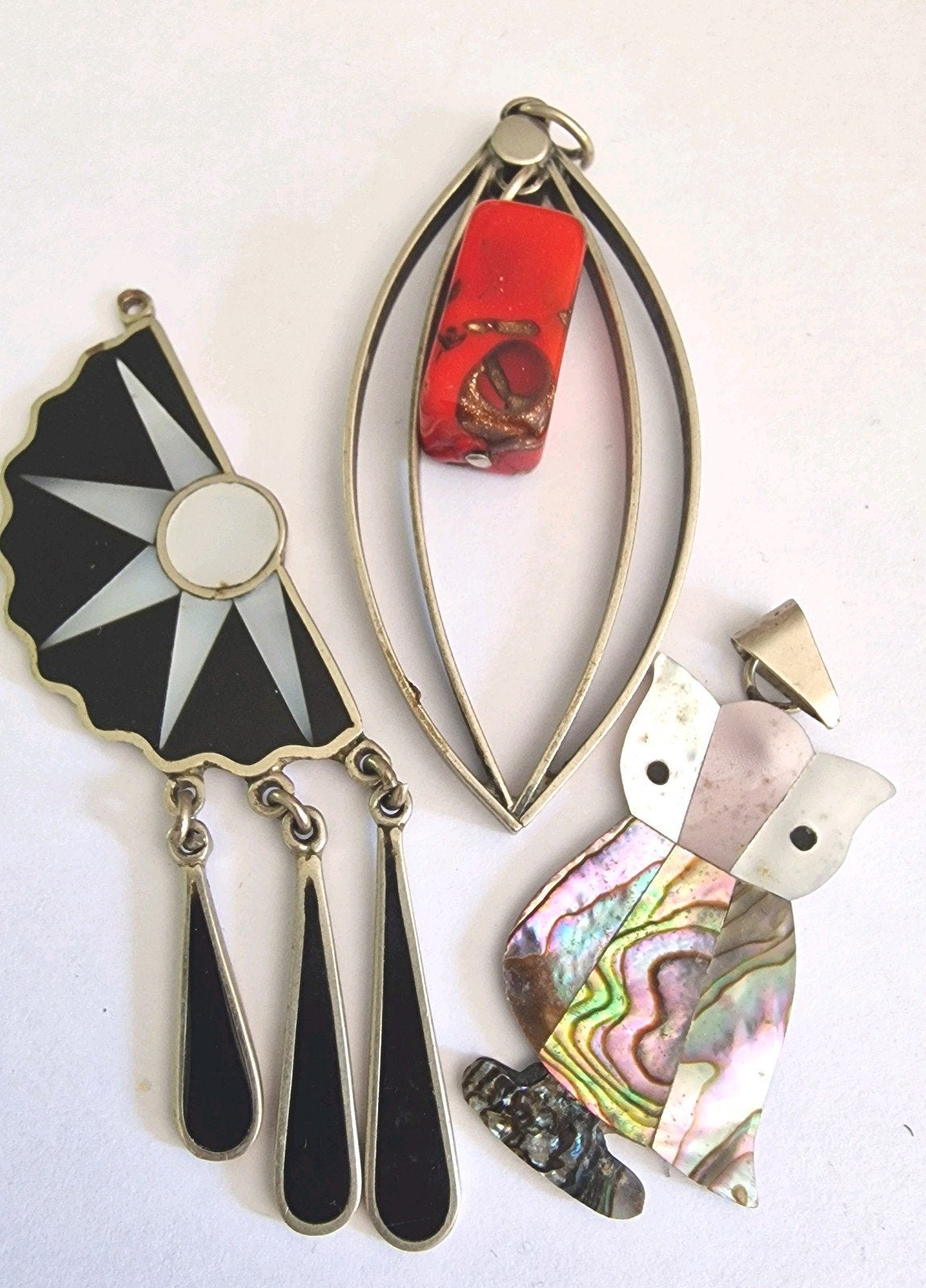 Vintage hangers: Mexicaans zilver, abalone, koraal, Gebruikt, Ophalen of Verzenden, Met edelsteen, Zilver