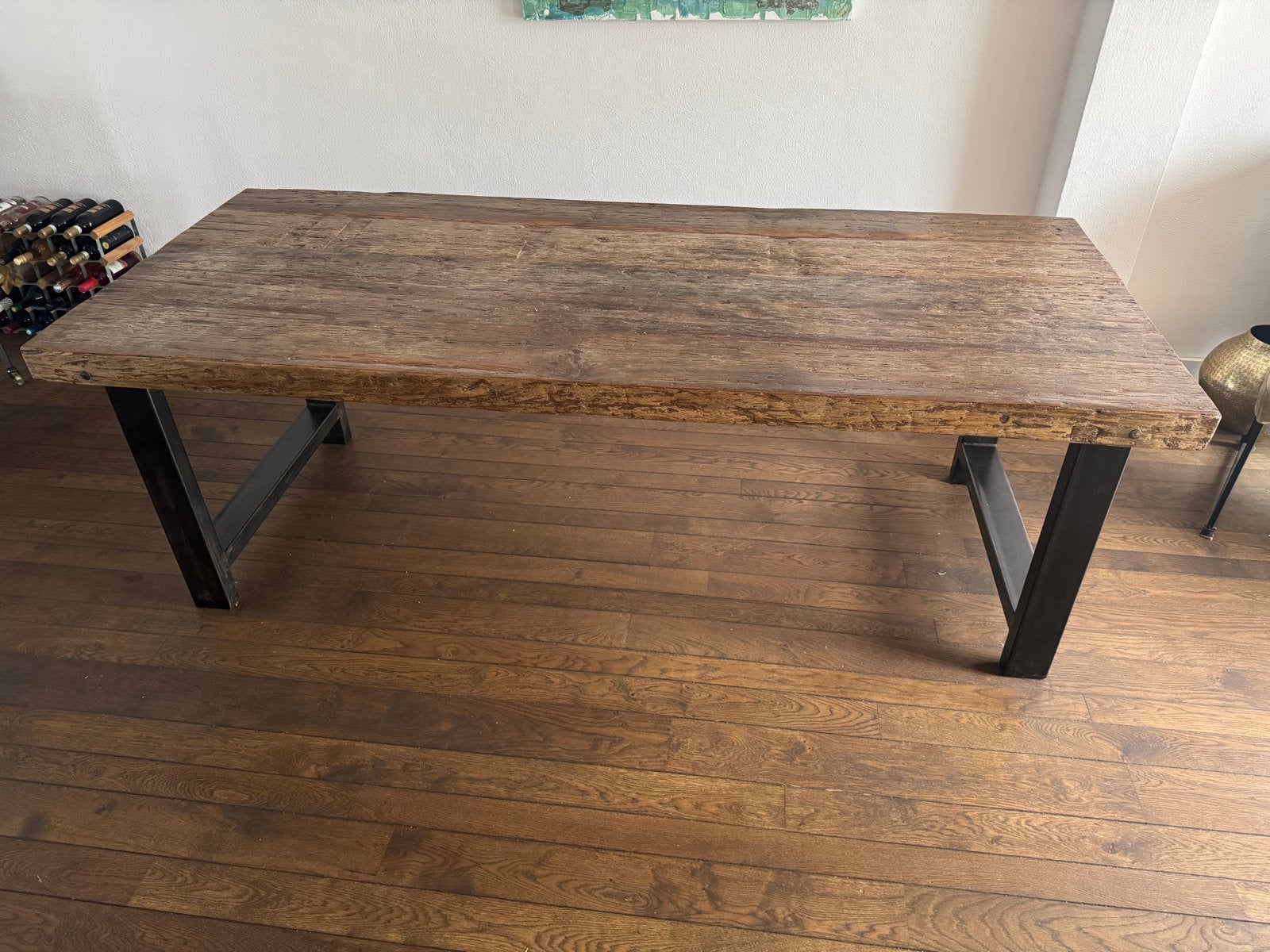 Robuuste houten eettafel met metalen onderstel, Huis en Inrichting, Ophalen, Gebruikt, 200 cm of meer, 50 tot 100 cm