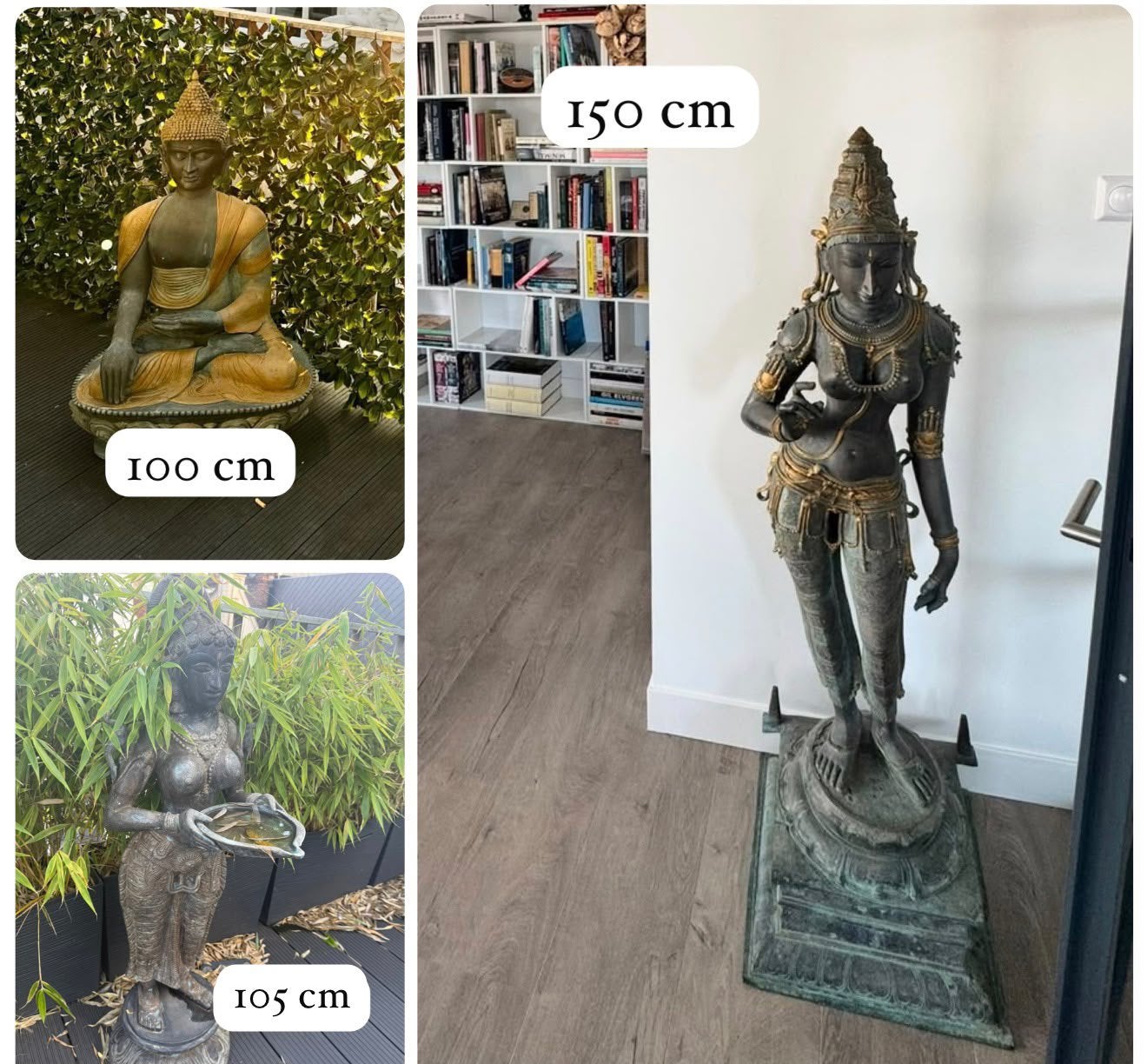 Set van 3 Grote Bronzen Beelden: Godinnen & Boeddha, Ophalen, 1 meter - 2 meter, Beeld, Bruin