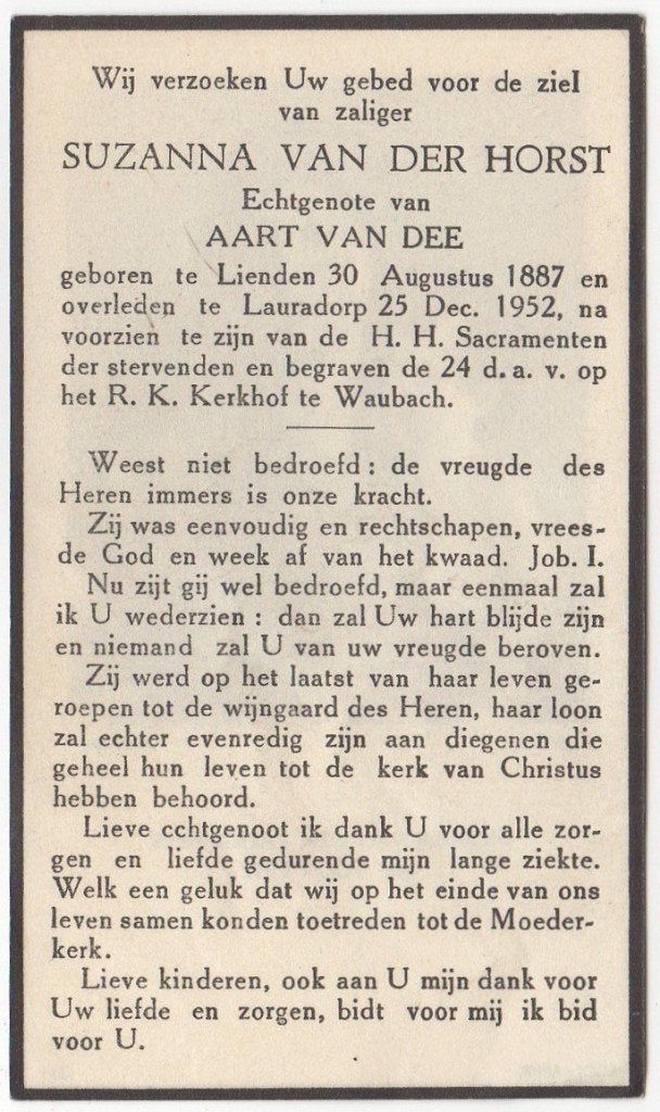 Suzanna van der Horst 1887 Lienden + 1952 Lauradorp, 65 jaar, Verzamelen, Verzenden