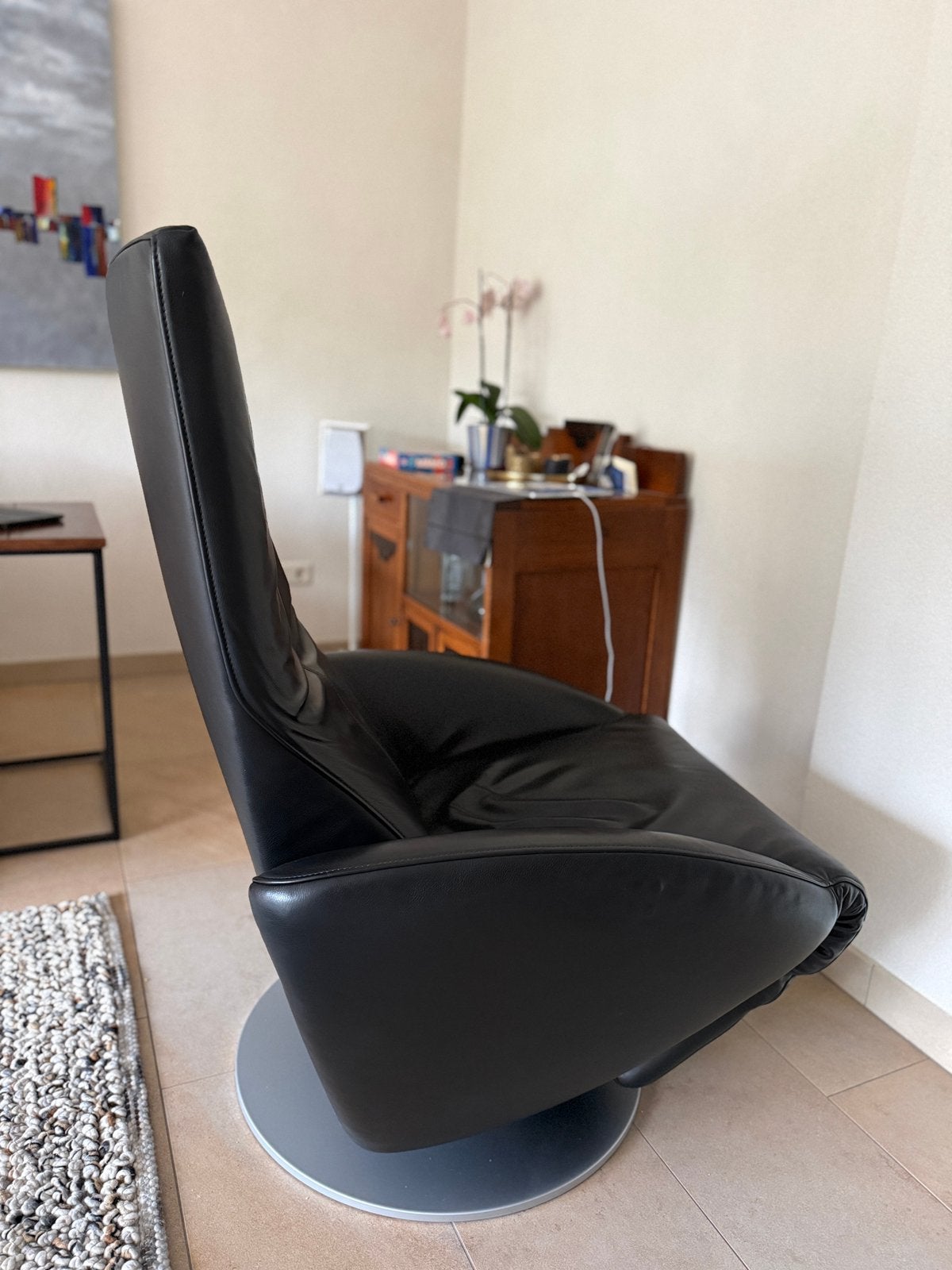 zwart leren relaxstoel FSM type Mate, Ophalen, Gebruikt, Leer, 50 tot 75 cm