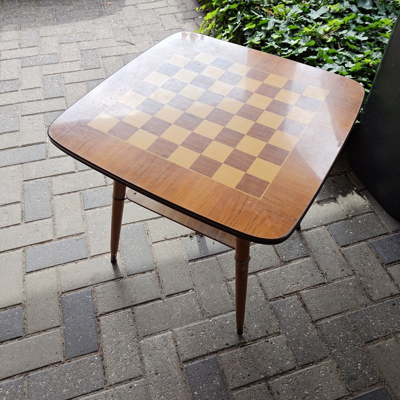 Vintage schaaktafel met houten inleg en messing poten, Ophalen of Verzenden