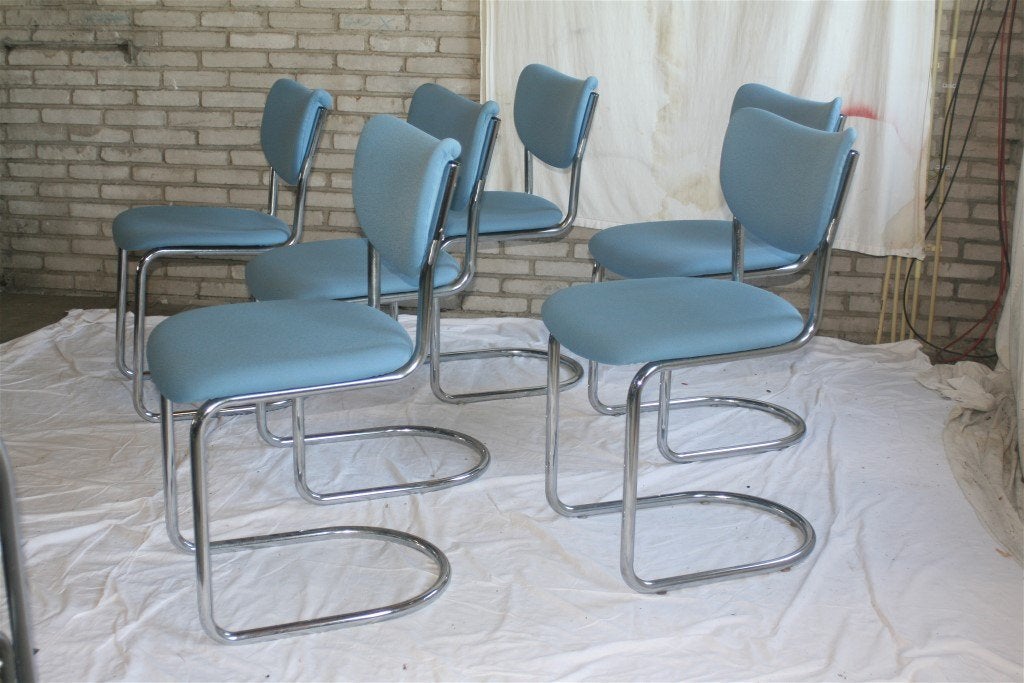 6 Vintage Jaren '50 Chroom De Wit 2011 Stoelen Hemelsblauw, Ophalen, Blauw, Zo goed als nieuw, Metaal