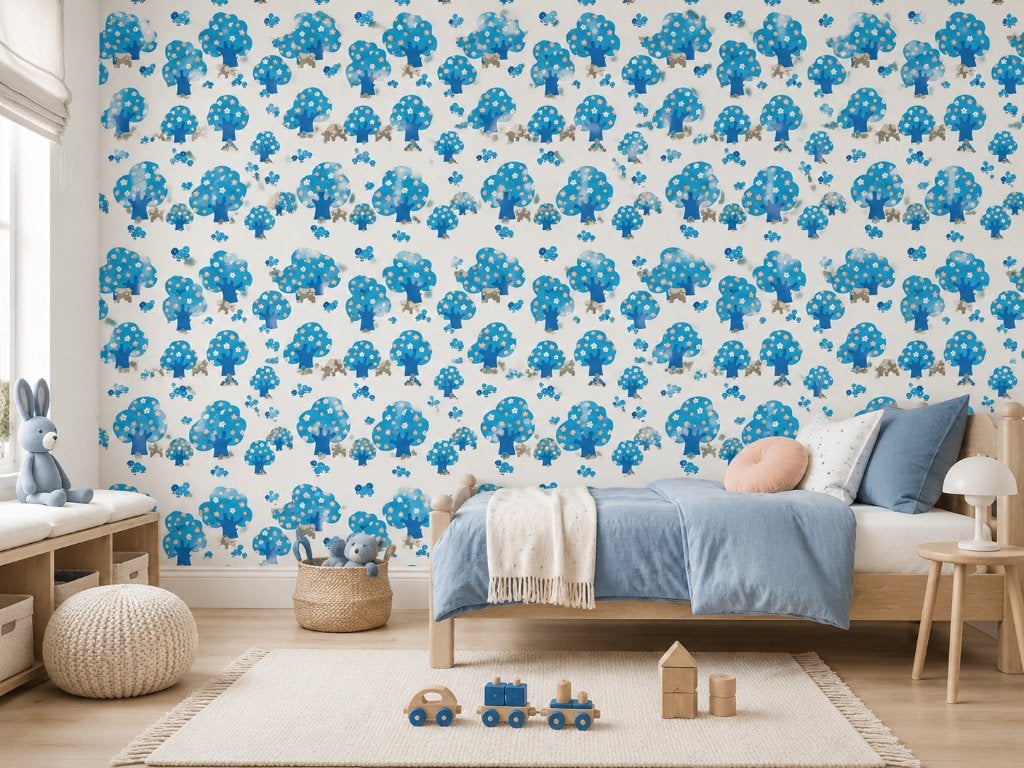 11263 70s kinderbehang met blauwe bomen en koeien swiet, Verzenden, Wit