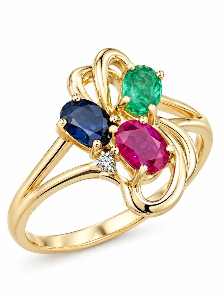14 karaat Gouden Ring Saffier Smaragd Robijn  en Briljantje, 18 tot 19, Nieuw, Ophalen of Verzenden, Met edelsteen