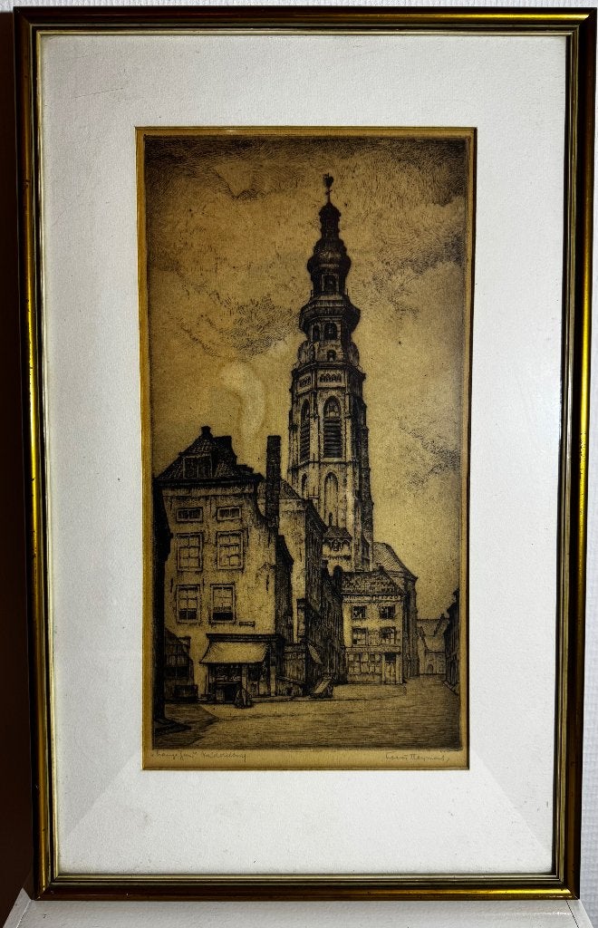 Originele Ets 'Lange Jan' Middelburg – Louis Heymans, Antiek en Kunst, Gesigneerd, Ets, Stadsgezicht, Ophalen of Verzenden