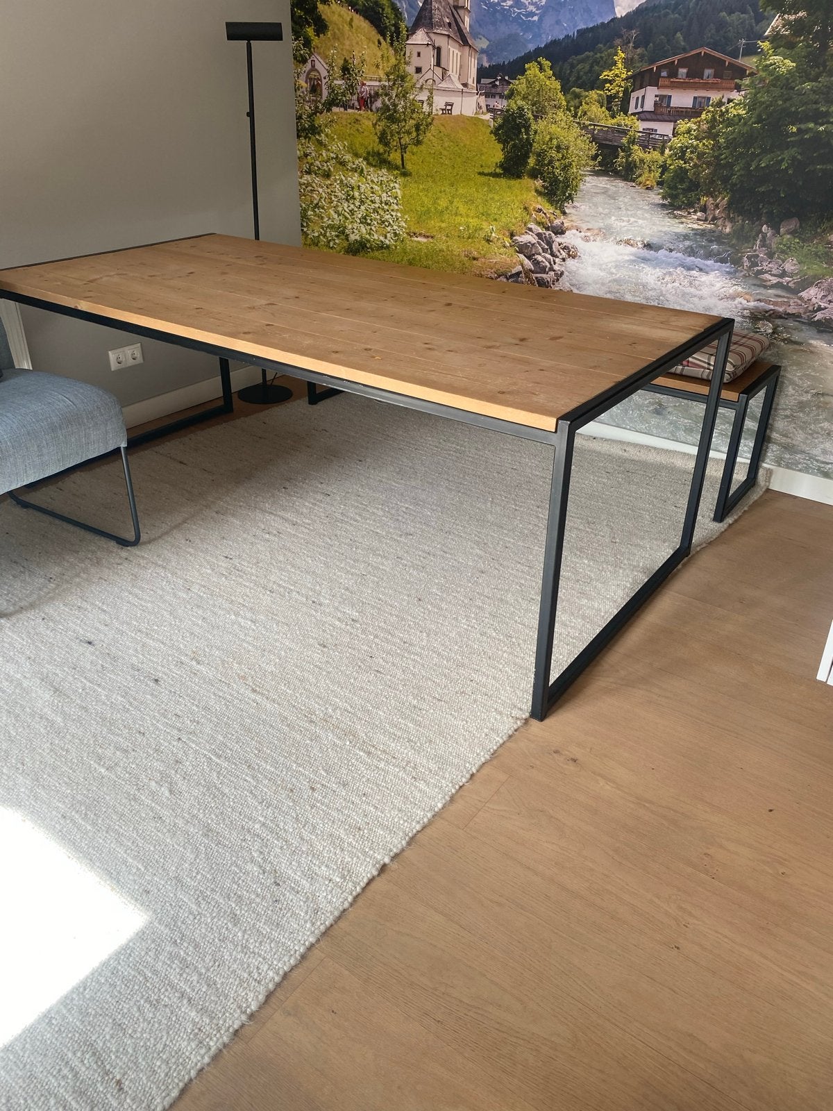 Eettafel met bankje - Zwart metaal en hout, Ophalen, Gebruikt, 100 tot 150 cm, 200 cm of meer
