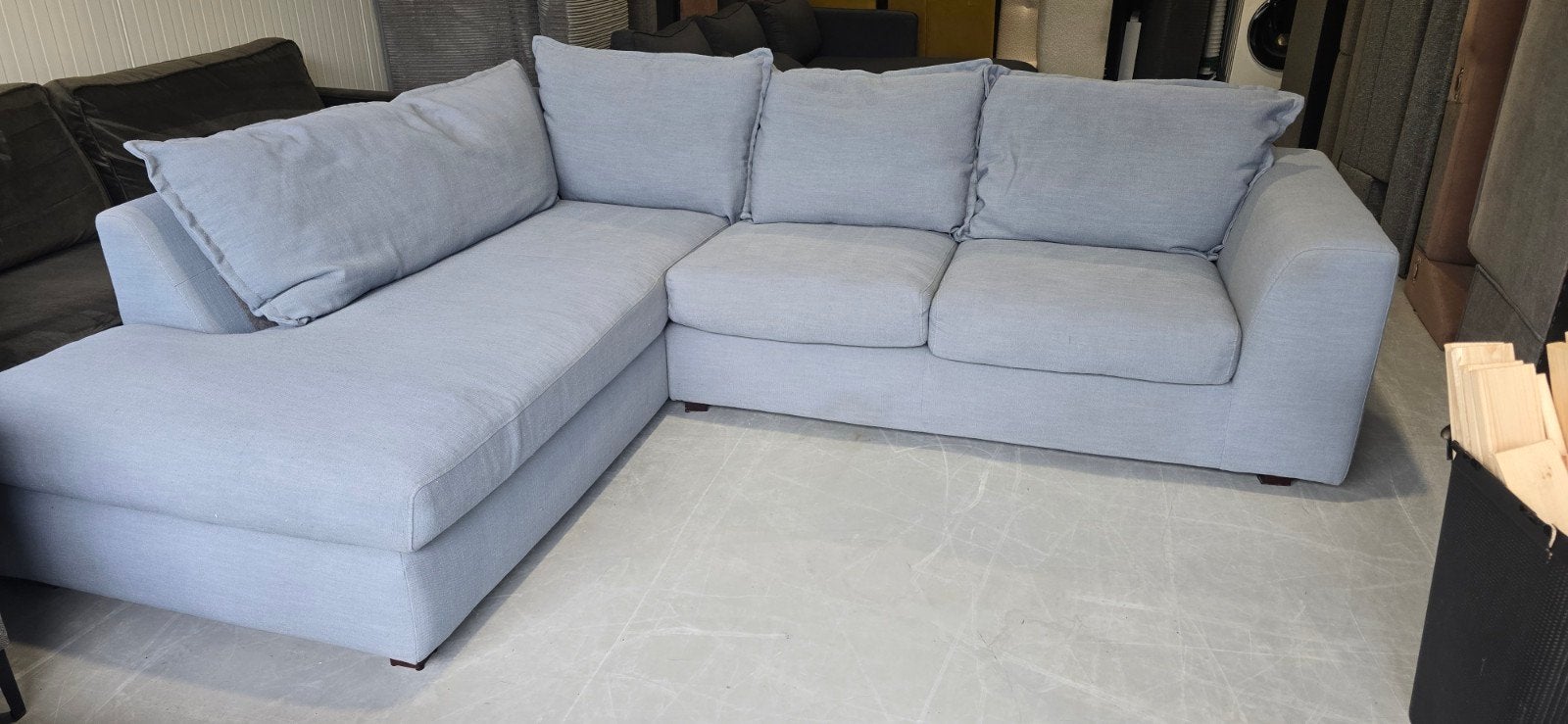 Hoekbank Matera Trendhopper blauw grijs, Huis en Inrichting, Banken | Bankstellen, 250 tot 300 cm, Gebruikt, 100 tot 125 cm, Hoekbank