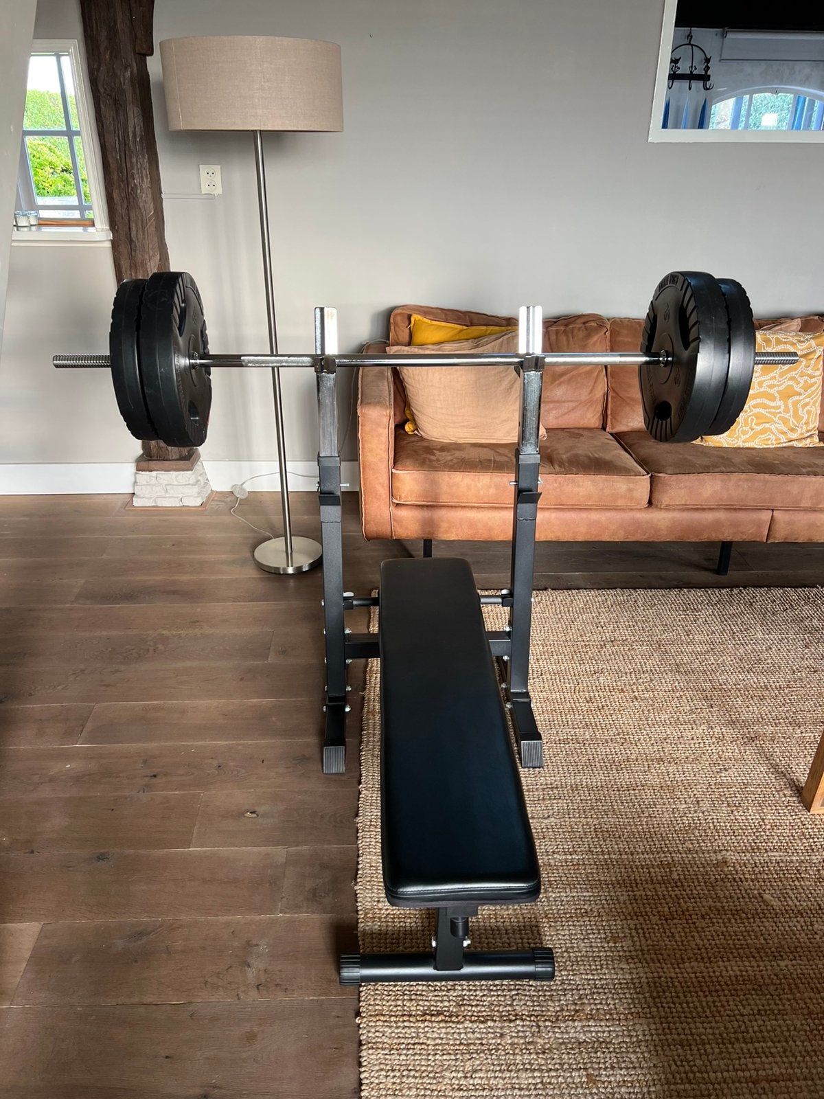 Halterbank met 2 x 15 en 2 x 10, Ophalen, Zo goed als nieuw, Fitnessbank
