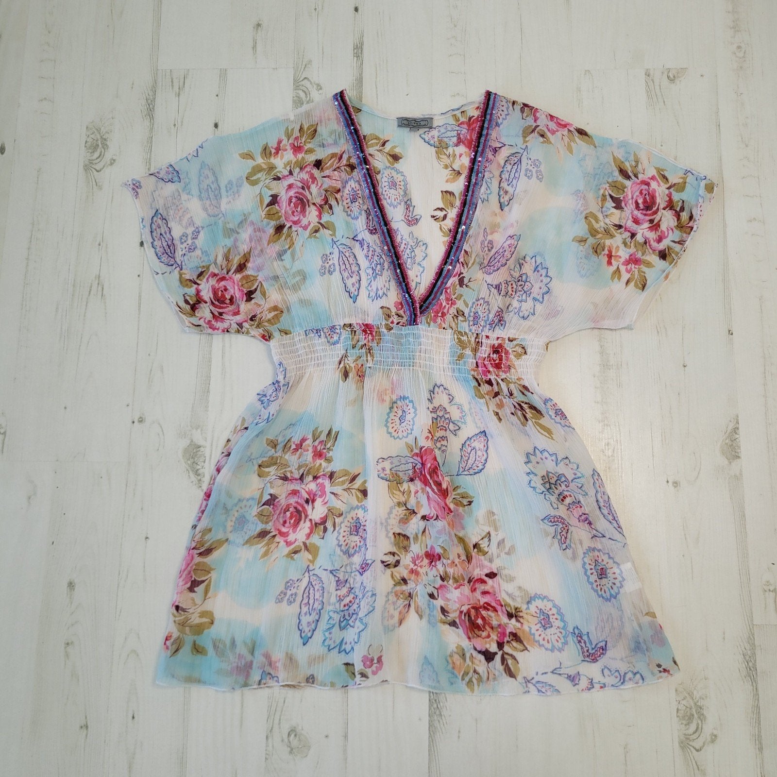 Geisha boho top blouse Y2K maat M V-hals getailleerd bloemen, Ophalen of Verzenden, Zo goed als nieuw, Maat 38/40 (M), Overige kleuren