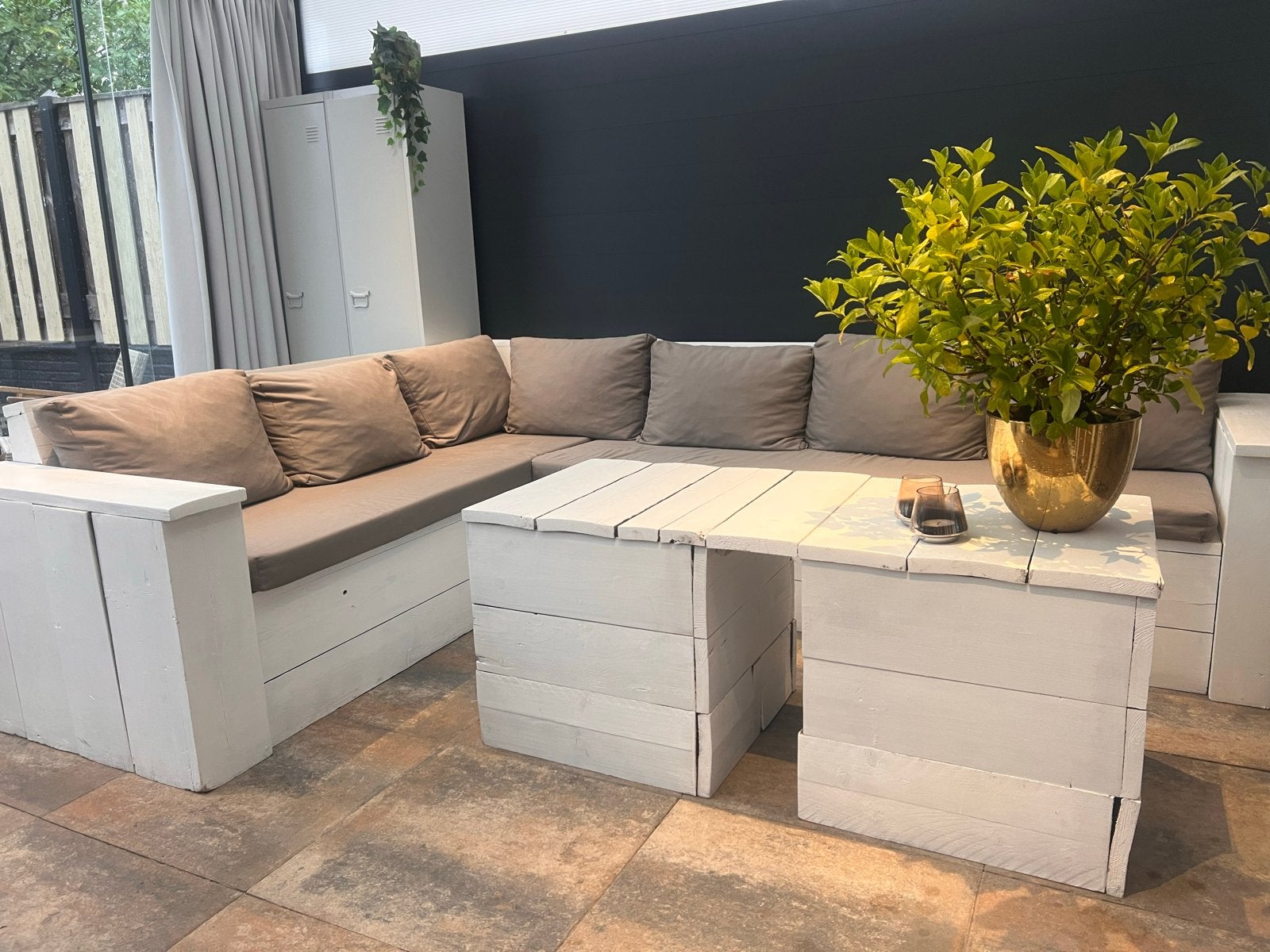 Steigerhouten loungeset met kussens en salontafel, Ophalen, Gebruikt, Meer dan 8 zitplaatsen, Steigerhout