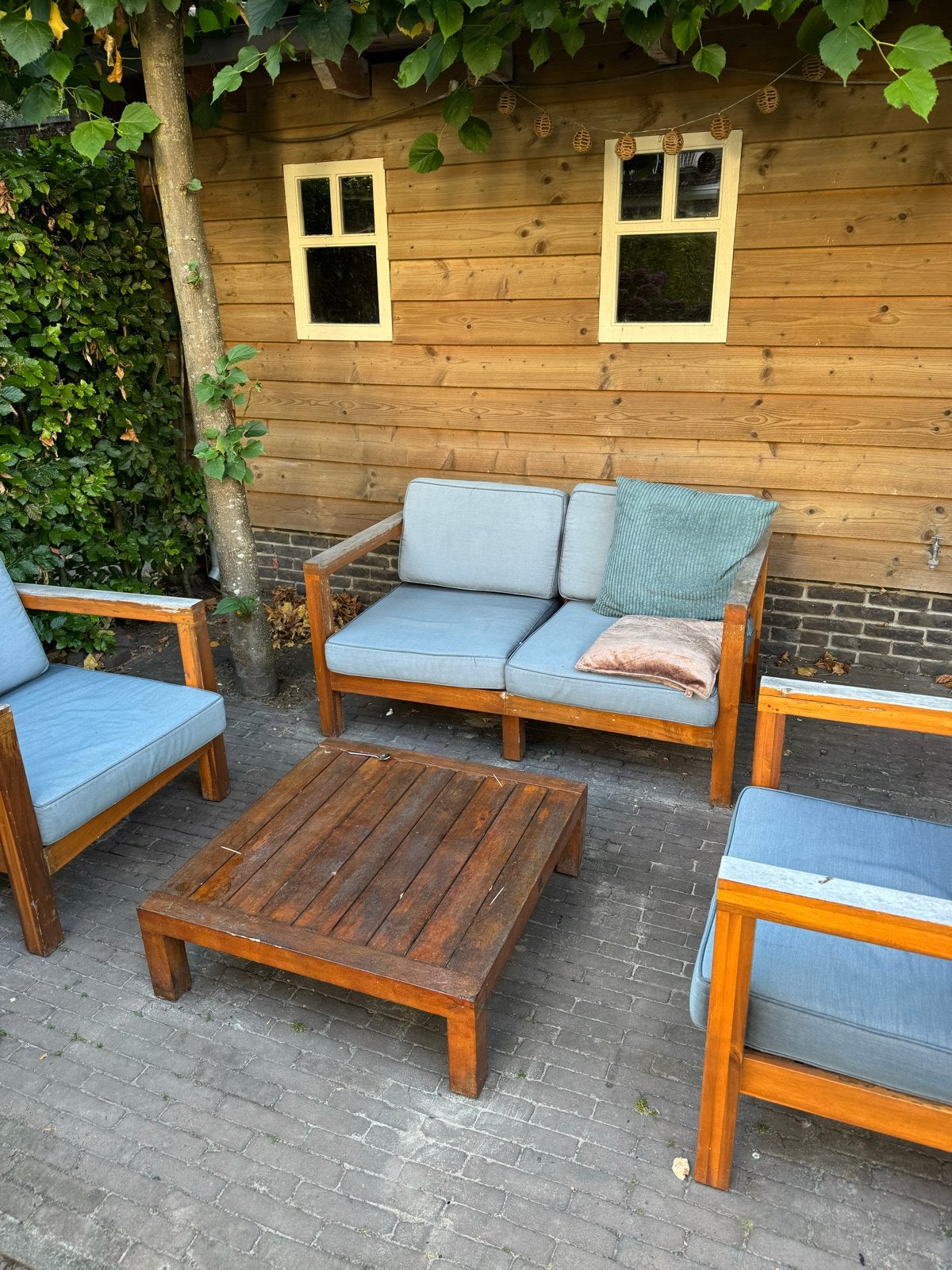 Houten Loungeset met Kussens - 4 Zitplaatsen, Ophalen, 4 zitplaatsen, Gebruikt, Loungeset