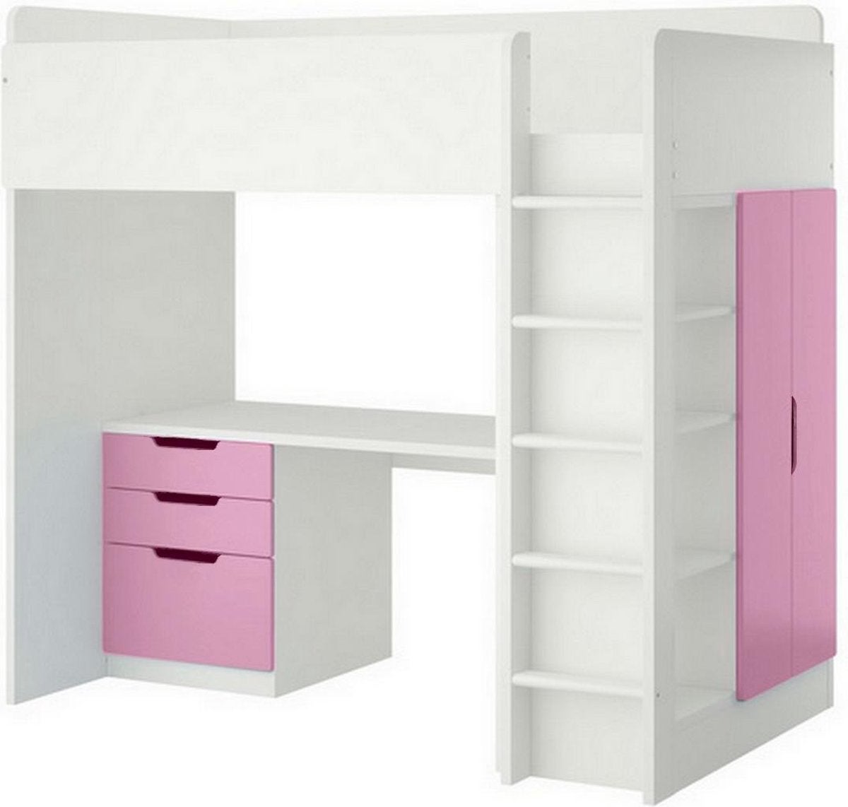 Bed wit/roze met bureau en kast, Huis en Inrichting, Ophalen, Gebruikt, Eenpersoons, Hoogslaper