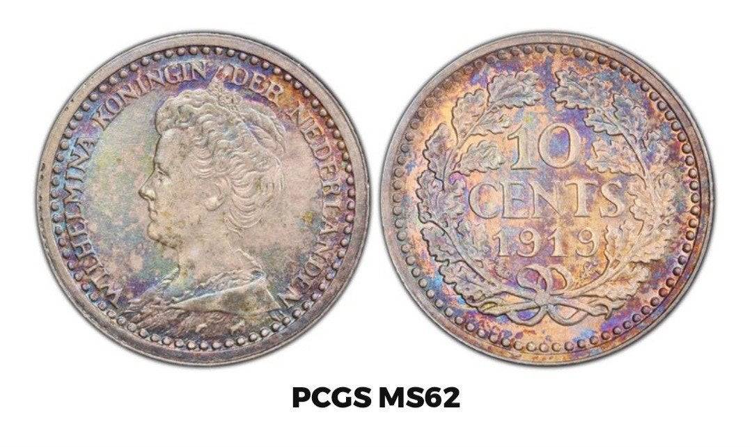 10 cent 1919 PCGS MS62 regenboogpatina, Zilver, Ophalen of Verzenden, 10 cent, Koningin Wilhelmina