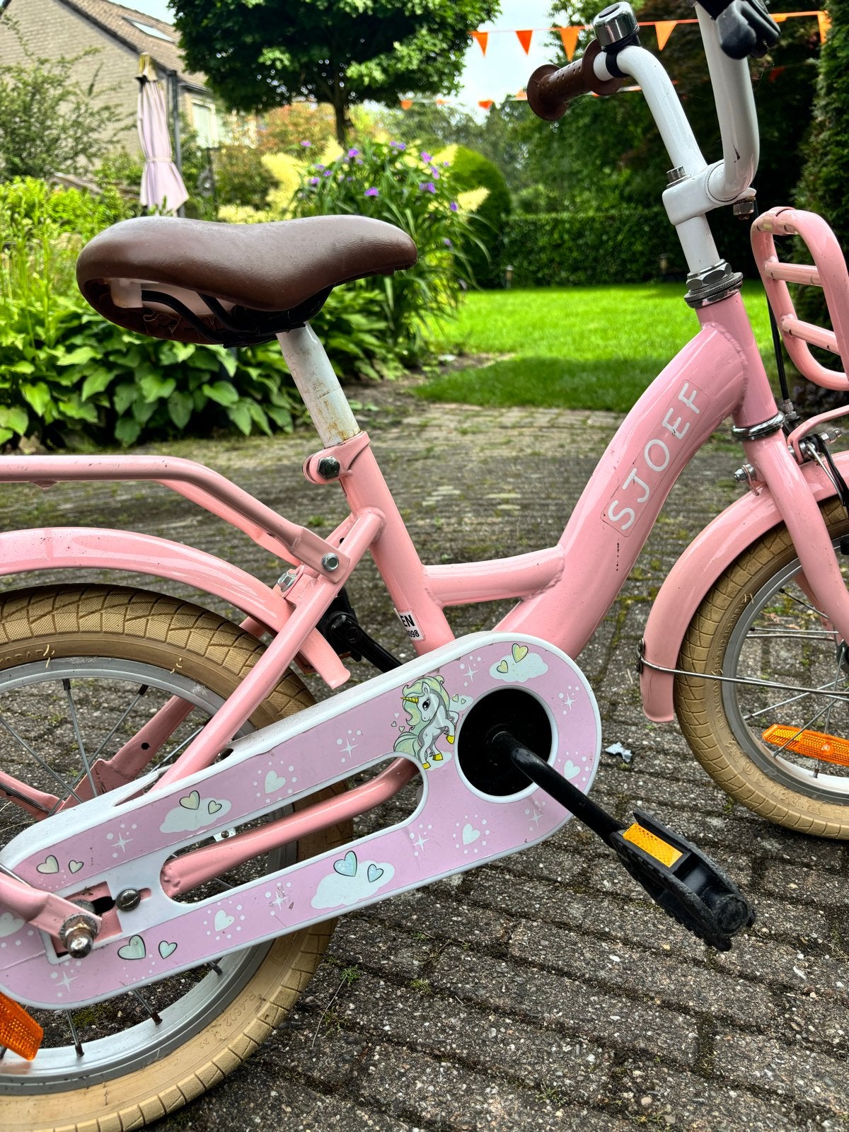 Roze kinderfiets unicorn SJOEF 14 inch, Fietsen en Brommers, Fietsen | Kinderfietsjes, Ophalen, Zo goed als nieuw, Terugtraprem