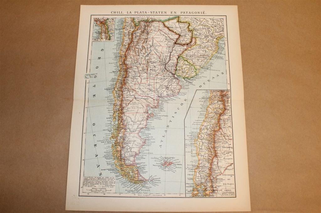 Antieke kaart - Chili, La Plata-staten, Patagonië - Ca 1900, Boeken, Atlassen en Landkaarten, Ophalen of Verzenden, 1800 tot 2000