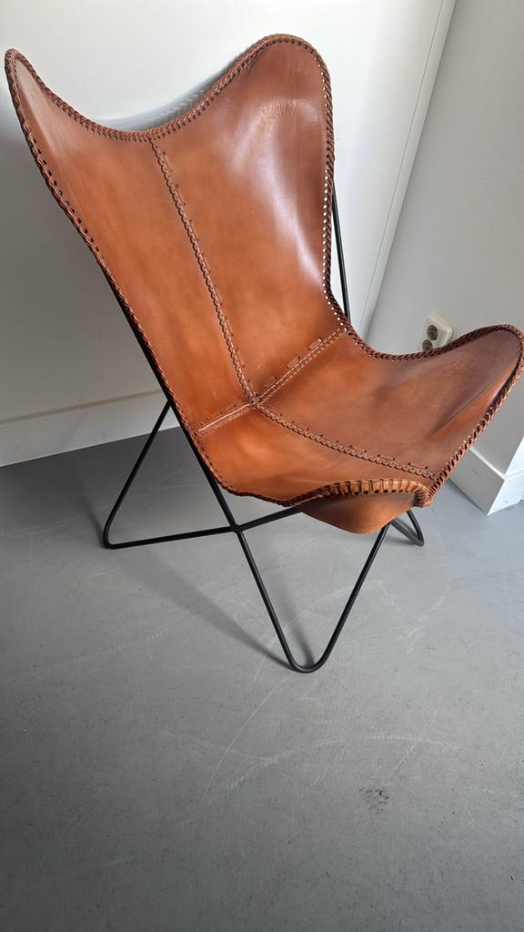 Leren Vlinderstoel - Cognac Bruin, Huis en Inrichting, Ophalen, Bruin, ., Leer