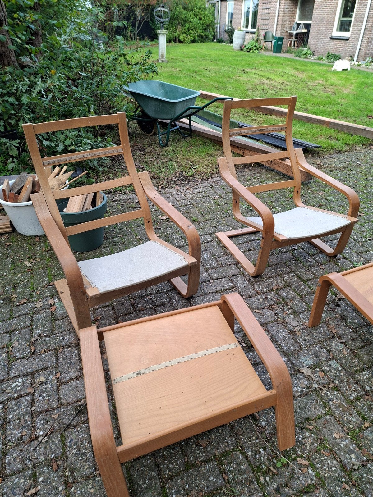 2x poäng stoelen met voetenbank, Ophalen, Bruin, Hout, Twee
