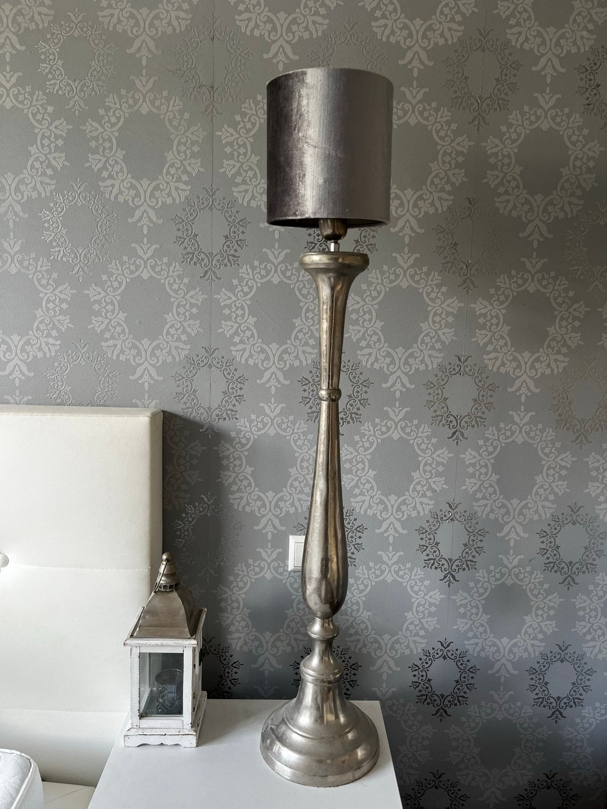 Luxe hotellampen set van 2 - lichtgrijze velvet lampenkappen, Ophalen, 100 tot 150 cm, E27 (groot), Zo goed als nieuw