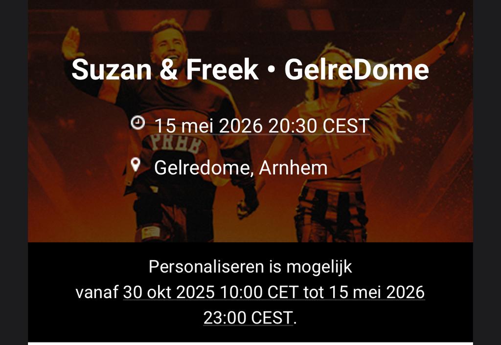 Suzan en freek gelredome avondshow staan plaatsen 15 mei, Twee personen