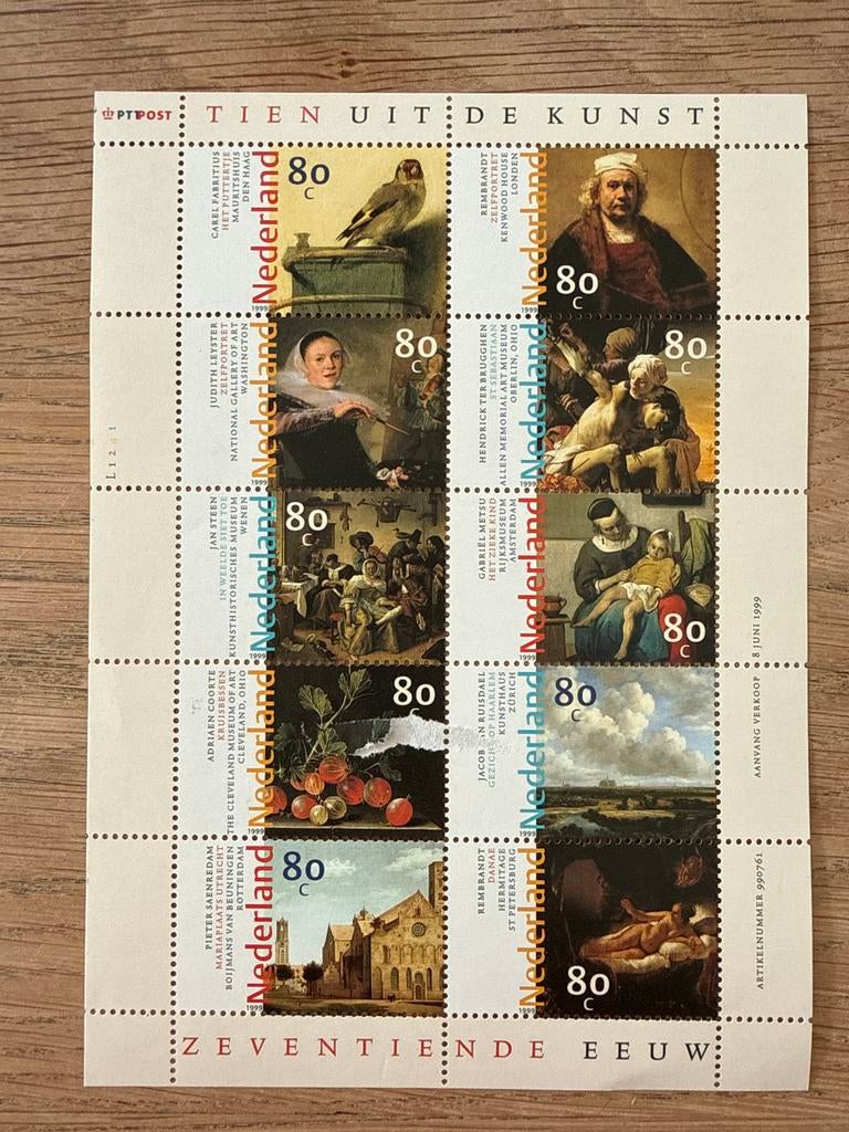 Postzegelvel 'Tien uit de Kunst' - Zeventiende Eeuw, Verzenden, Na 1940, Postfris