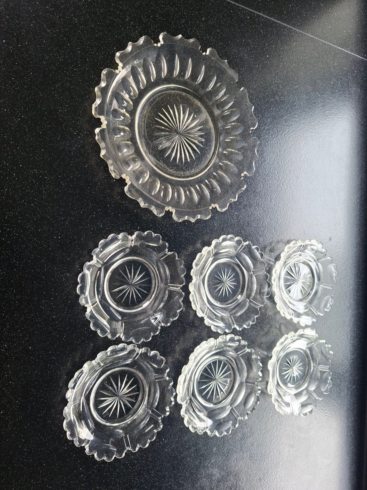 Set van 6 vintage glazen schaaltjes en een schaal, Ophalen of Verzenden
