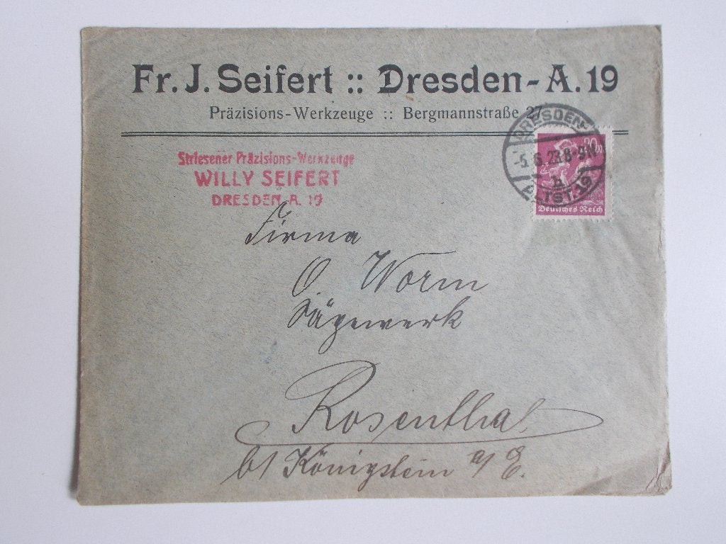 Duitse Rijk, Envelop Dresden-Rosenthal Gefrankeerd Met 20 M., Ophalen, Envelop
