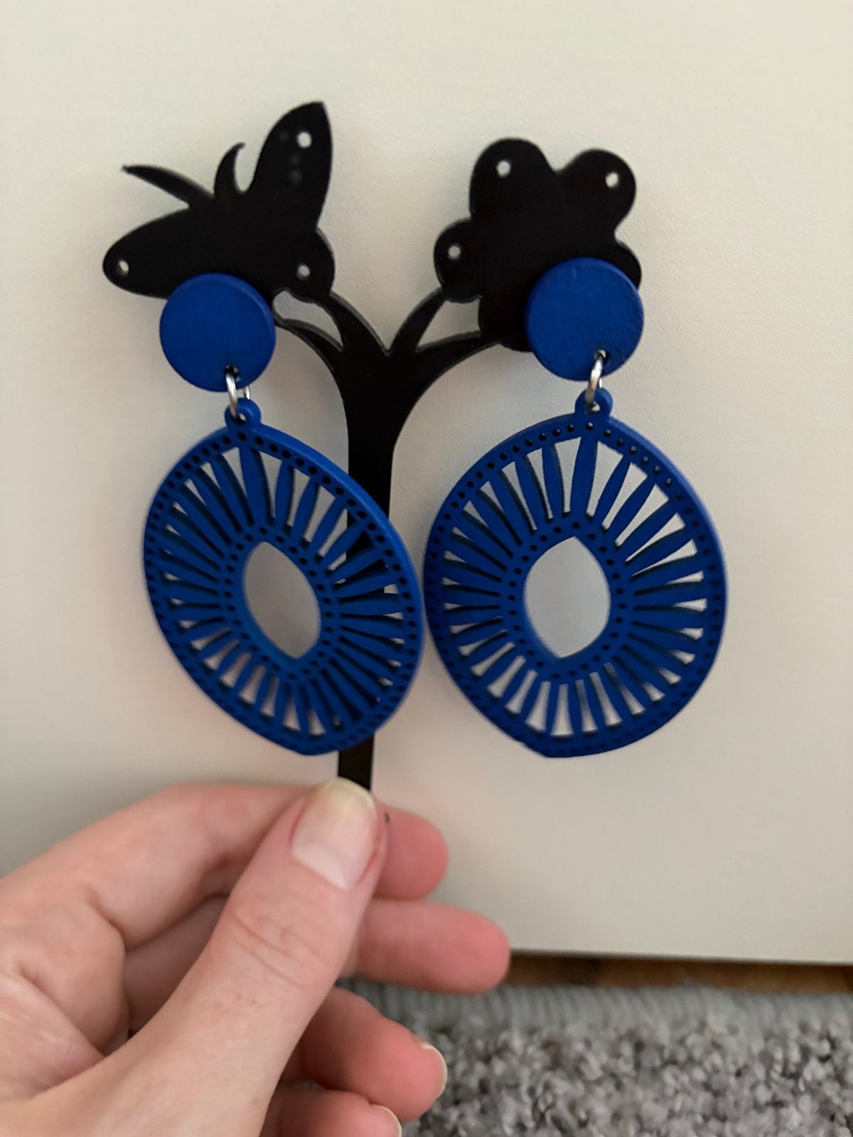 Blauwe houten oorbellen - Hangers, Overige materialen, Hangers, Zo goed als nieuw, Verzenden