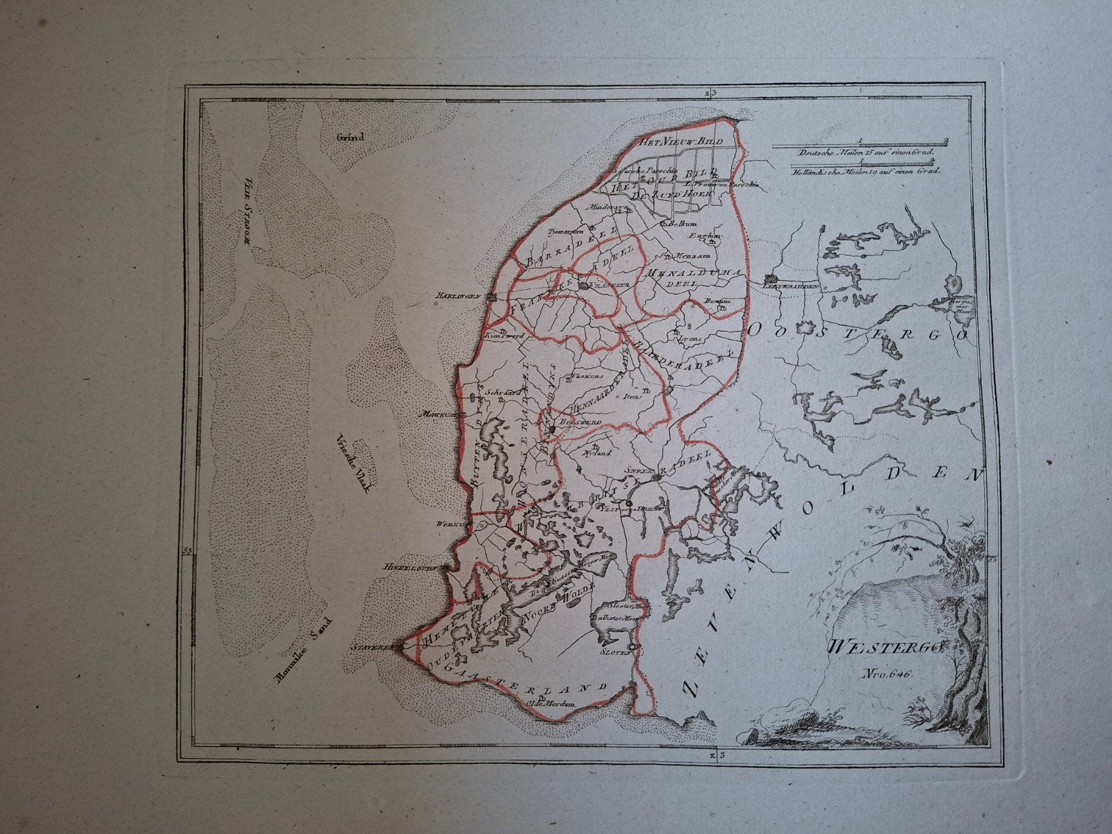 75 / zeldzame gravure Westergo Friesland uit 18e eeuw, Handgekleurd, Cartografie, Ophalen of Verzenden, Gravure