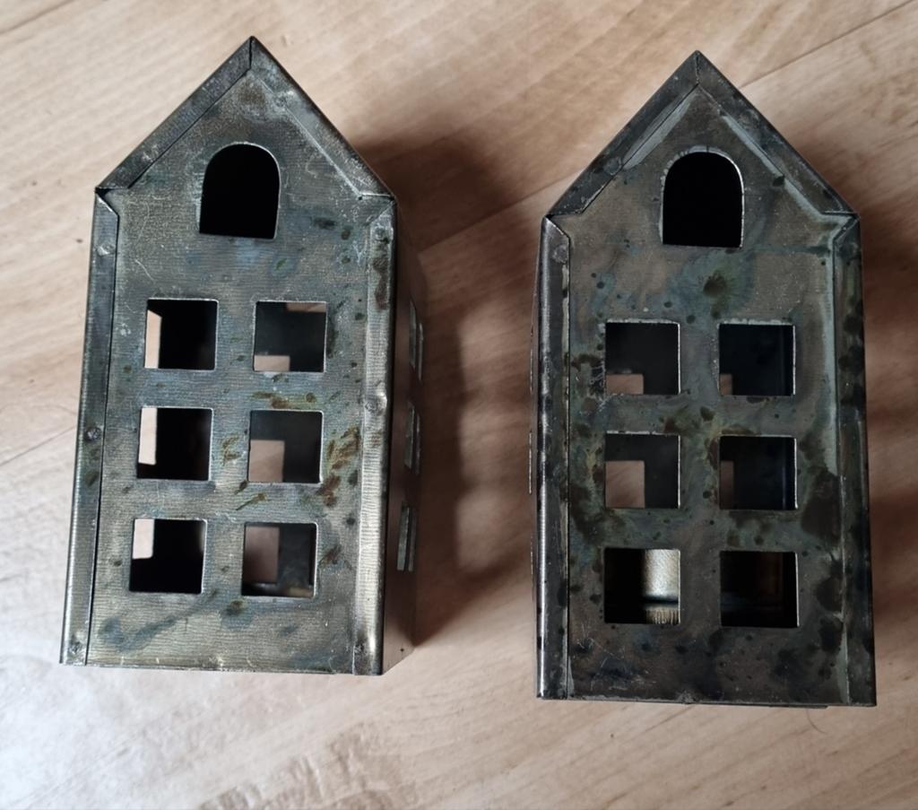 Set van 2 Huisjes Waxinelichthouders, Ophalen of Verzenden, Zo goed als nieuw, Metaal, Kandelaar