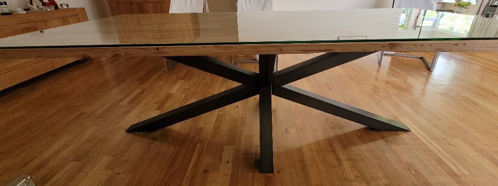 Bijzondere eettafel van drijfhout van Goossens, Ophalen, Gebruikt, 100 tot 150 cm, Glas