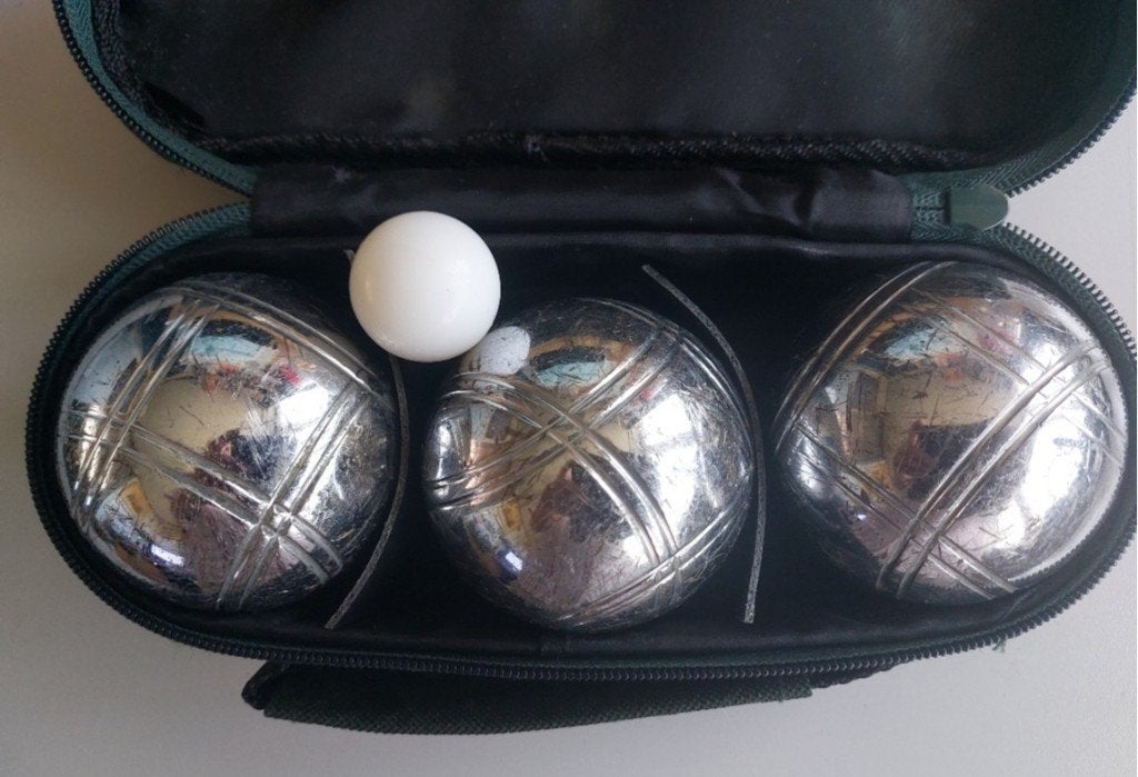 Jeu de Boules set. Petanque 3 ballen in groen etui., Ophalen of Verzenden, Gebruikt