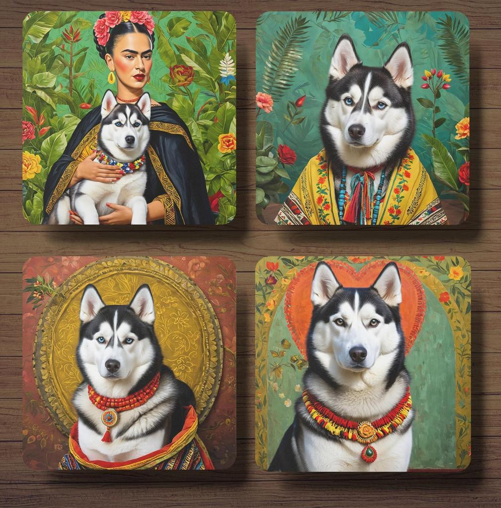 Husky Frida Kahlo onderzetters met houder, Ophalen of Verzenden, Nieuw, Glas of Kopje