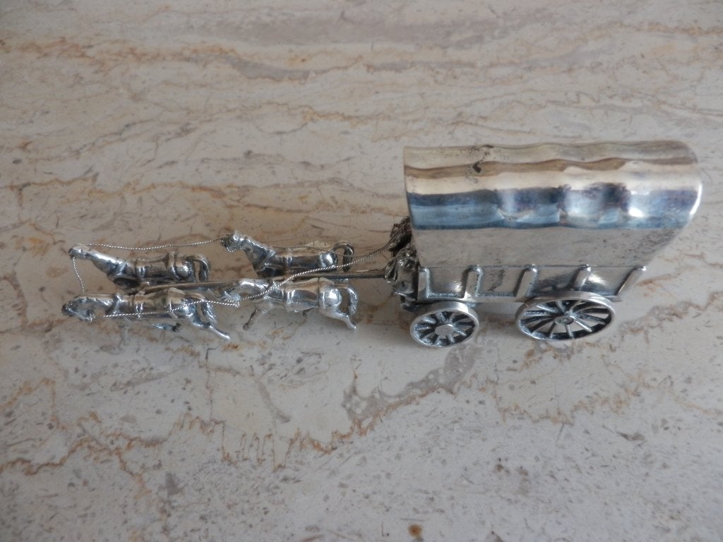 Miniatuur zilveren huifkar met 4 paarden, Ophalen of Verzenden
