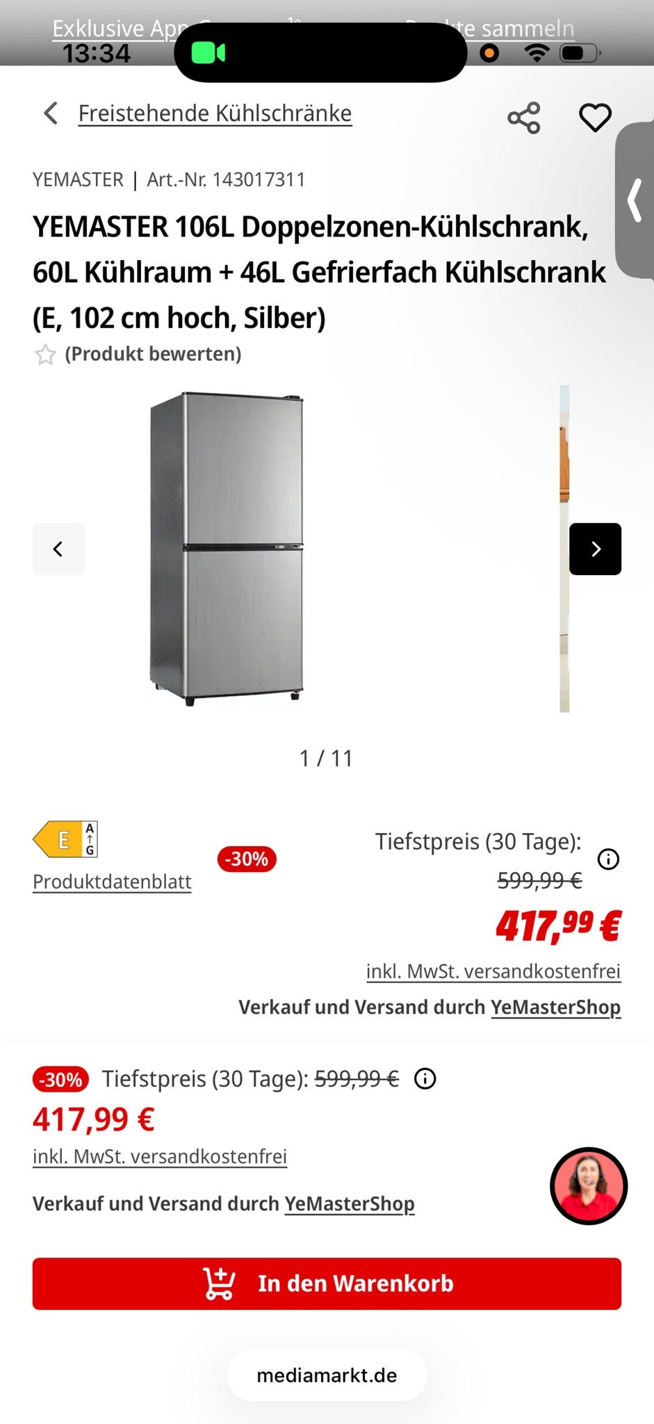 YEMASTER 106L Koelkast met 46L Vriesvak, 102cm hoog, Minder dan 45 cm, 100 tot 150 liter, Met aparte vriezer, Nieuw
