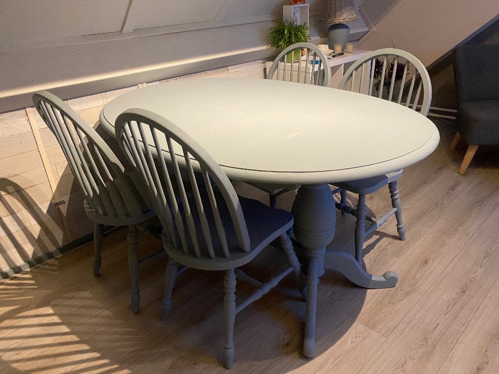 Eethoek – blauwgrijs, Huis en Inrichting, Stoelen, Ophalen, Gebruikt, Blauw, Vier