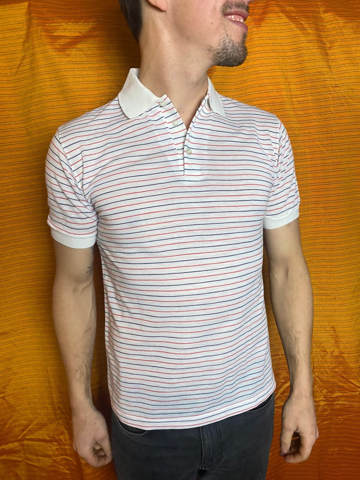 Vintage polo - wit - blauw / rood gestreept - s/small, Kleding | Heren, Polo's, Hgv, Hgv, Ophalen of Verzenden, Gedragen