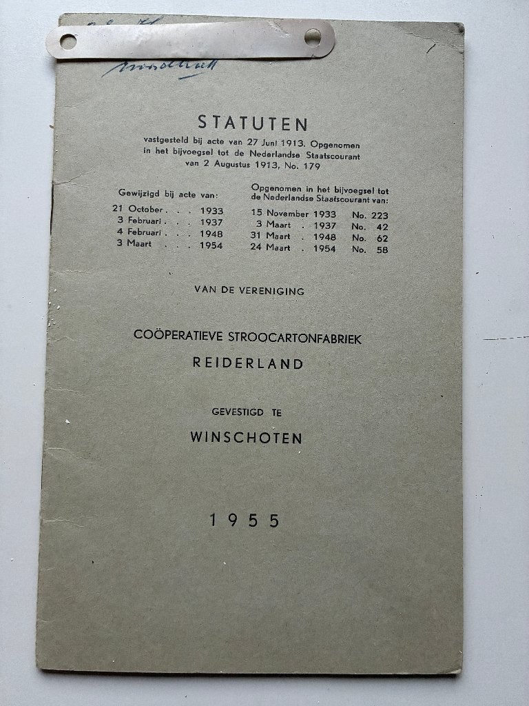 Statuten Coöperatieve Strokartonfabriek Reiderla(agrarisch), Ophalen of Verzenden, Gelezen, Coöperatieve Strokartonfabriek Reiderland
