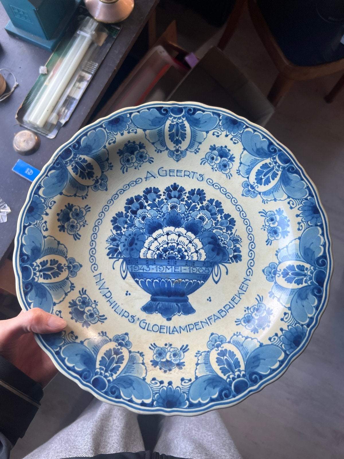 Delfts blauw bord Philips Gloeilampenfabrieken 1943-1968, Ophalen of Verzenden