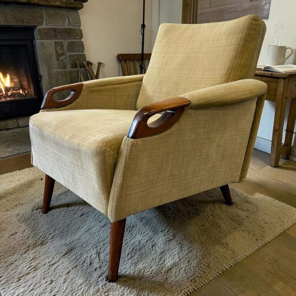 Vintage houten eenzit / fauteuil / zetel, Ophalen, Gebruikt, 75 tot 100 cm, 50 tot 75 cm