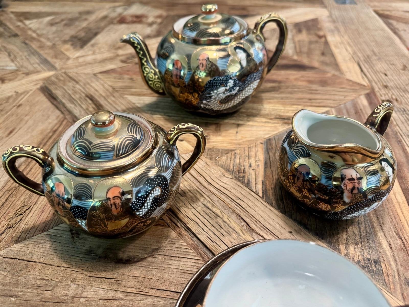 Antiek Japans Satsuma theeservies - Theepot, suikerpot, melk, Ophalen of Verzenden